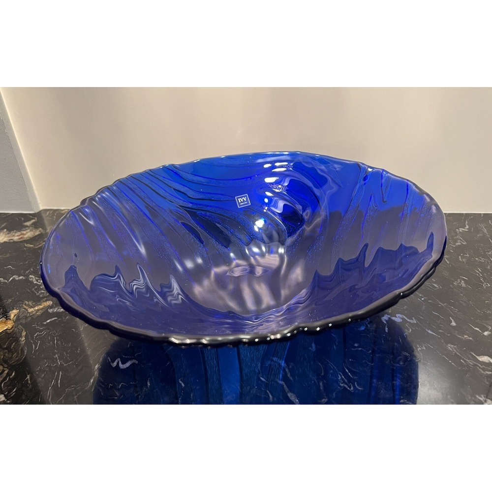 IVY Large Glass/Crystal Bowl with Wave Pattern Cobalt Blue 13" Italy